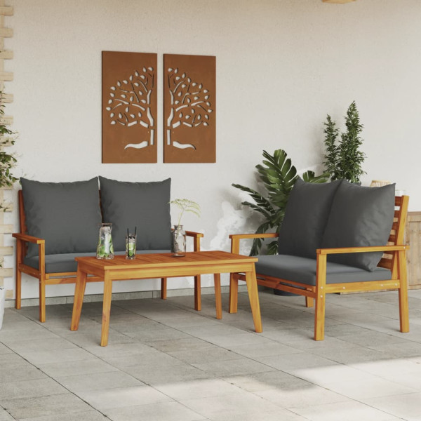 Set de muebles para jardín 3 piezas con cojines madera acacia D