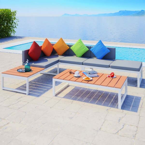Set de muebles de jardín 4 piezas y cojines aluminio y WPC D