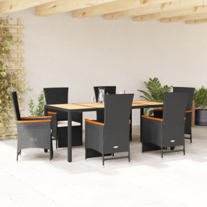 Set de comedor de jardín 7 pzas y cojines ratán sintético negro D