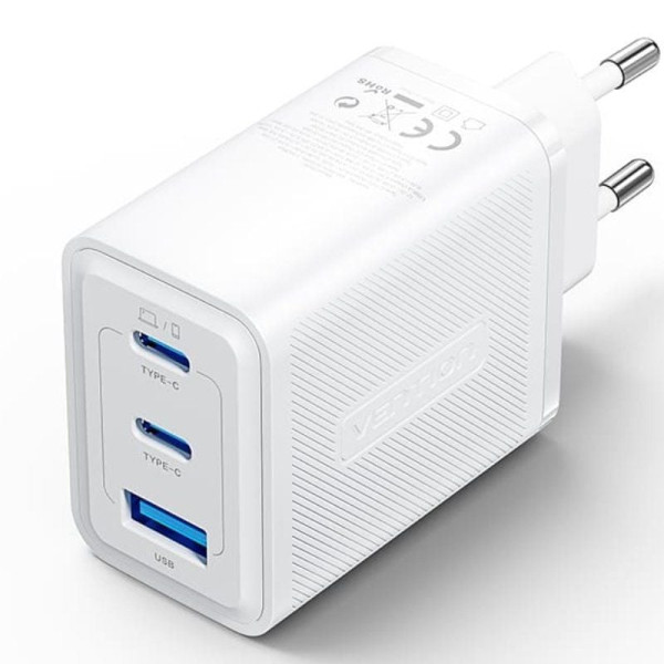 Cargador gan de pared vention ferw0-eu/ 2xusb tipo-c/ 1xusb/ 65w D