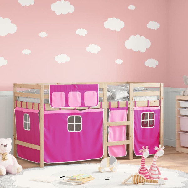 Cama alta para niños con cortinas madera pino rosa 90x200 cm D