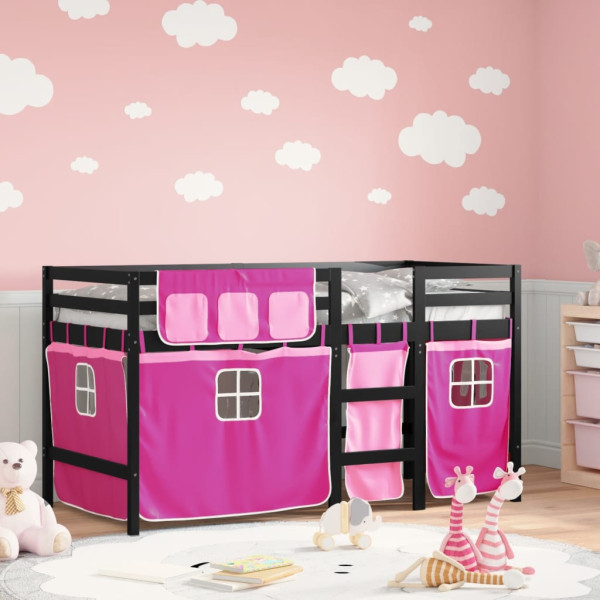 Cama alta para niños con cortinas madera pino rosa 90x200 cm D