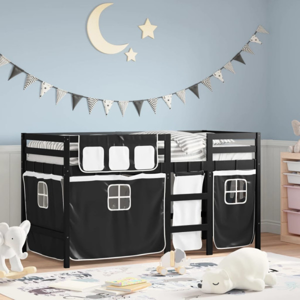 Cama alta infantil com cortinas em madeira de pinho branco preto 90x190 cm D