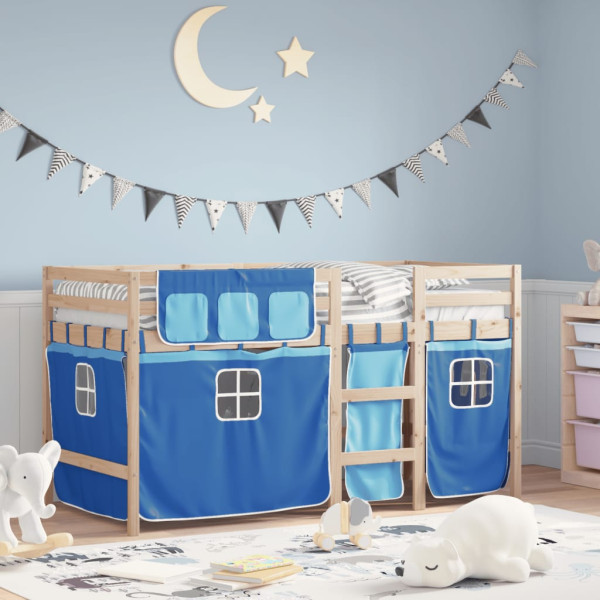 Cama alta para criança com cortinas em madeira de pinho azul 80x200 cm D