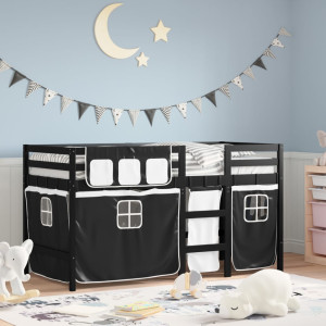 Cama alta infantil com cortinas em madeira de pinho preto e branco 80x200 cm D