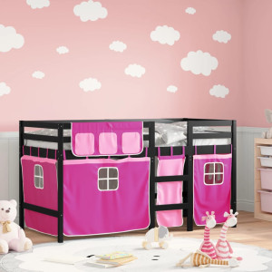 Cama alta para niños con cortinas madera pino rosa 80x200 cm D