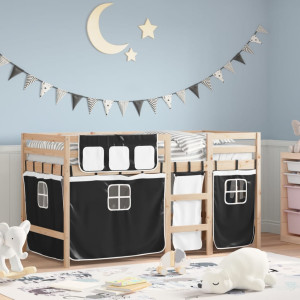 Cama alta infantil com cortinas em madeira de pinho preto e branco 90x200 cm D