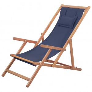 Cadeira de praia dobrável de tecido e estrutura de madeira azul D