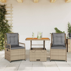 Set comedor de jardín 3 pzas con cojines ratán sintético beige D