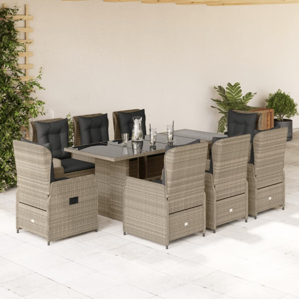 Set comedor de jardín 9 pzas cojines ratán sintético gris claro D