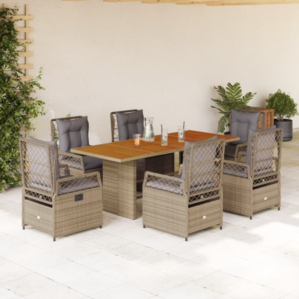 Set comedor de jardín 7 pzas con cojines ratán sintético beige D