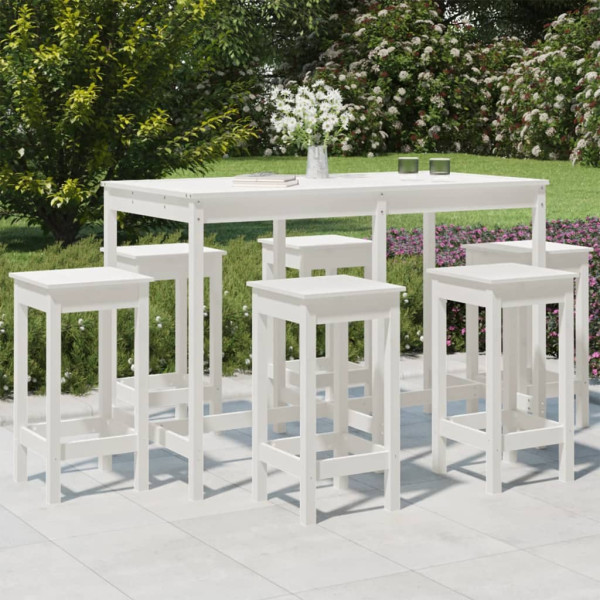 Conjunto de mesa de jardim em madeira de pinho branco com 7 peças e bancos altos D