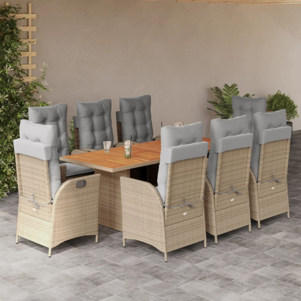 Set Jardim de jantar 9 pts com almofadas ratão sintético beige D