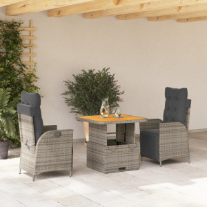 Set comedor de jardín 3 piezas con cojines ratán sintético gris D