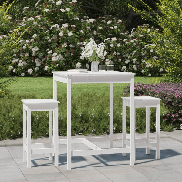 Conjunto de mesa de jardim de 3 peças em madeira de pinho branco e bancos altos D