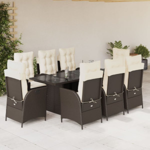 Set comedor para jardín 9 pzas y cojines ratán sintético marrón D