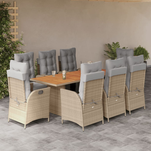 Set Jardim de jantar 9 pts com almofadas ratão sintético beige D