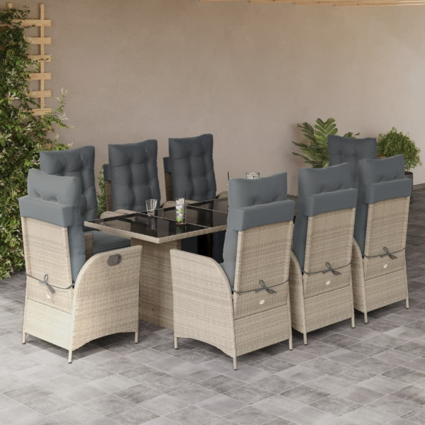 Set comedor de jardín 9 pzas cojines ratán sintético gris claro D