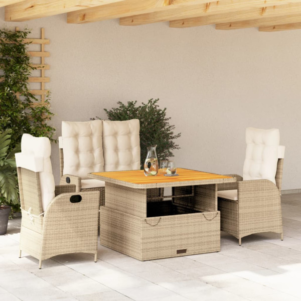 Set de comedor jardín con cojines 4 pzas ratán sintético beige D