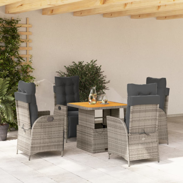 Set comedor de jardín 5 piezas con cojines ratán sintético gris D