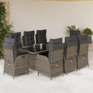 Set comedor jardín 9 pzas y cojines ratán sintético gris D