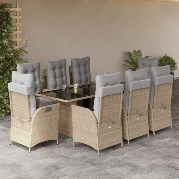 Set Jardim de jantar 9 pts com almofadas ratão sintético beige D