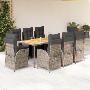 Set comedor jardín 9 pzas y cojines ratán sintético gris D