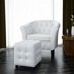 Sillón con diseño de cubo con reposapiés cuero sintético blanco D