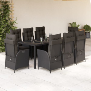 Set de comedor de jardín 9 pzas y cojines ratán sintético negro D