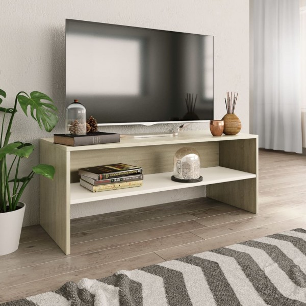 Mueble de TV madera contrachapada blanco y roble 100x40x40 cm D