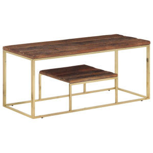 Mesa de centro acero inoxidable madera maciza traviesa dorado D