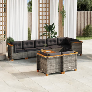 Set de muebles de jardín 9 pzas y cojines ratán sintético gris D