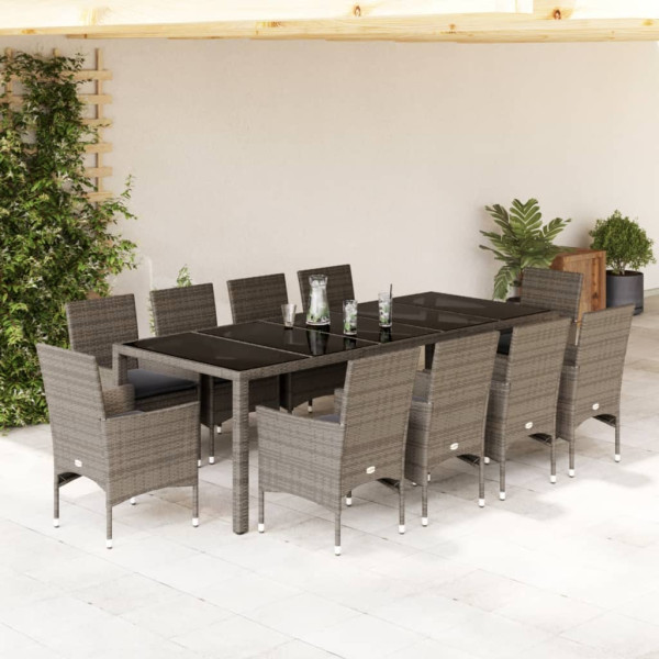 Set comedor jardín 11 pzas cojines ratán sintético vidrio gris D