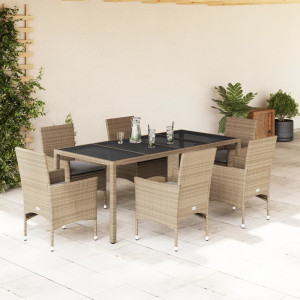 Set comedor jardín 7 pzas cojines ratán sintético vidrio beige D