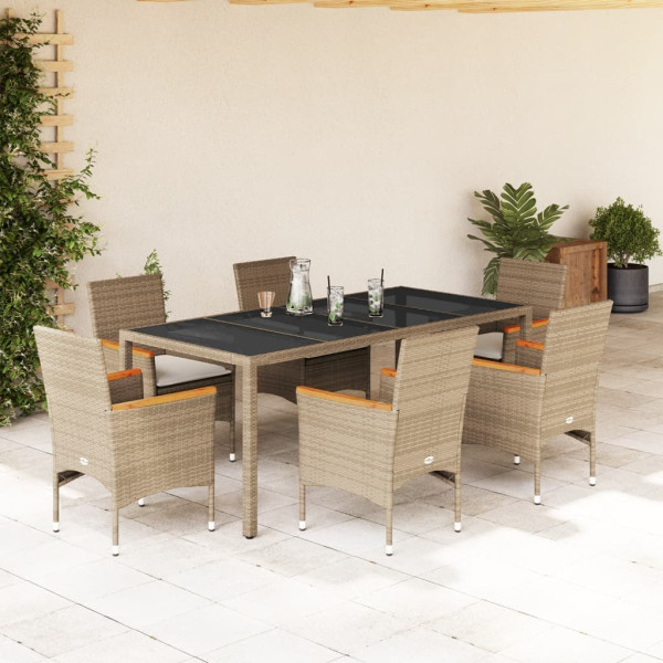 Set comedor jardín 7 pzas cojines ratán sintético vidrio beige D