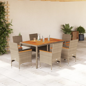 Set de comedor jardín 7 pzas con cojines ratán PE acacia beige D