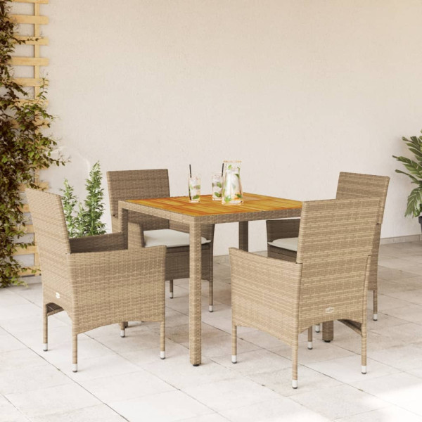 Set de comedor jardín 5 pzas con cojines ratán PE acacia beige D