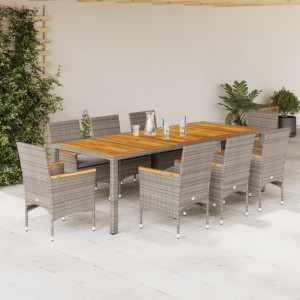 Set de comedor jardín 9 pzas con cojines ratán PE acacia gris D