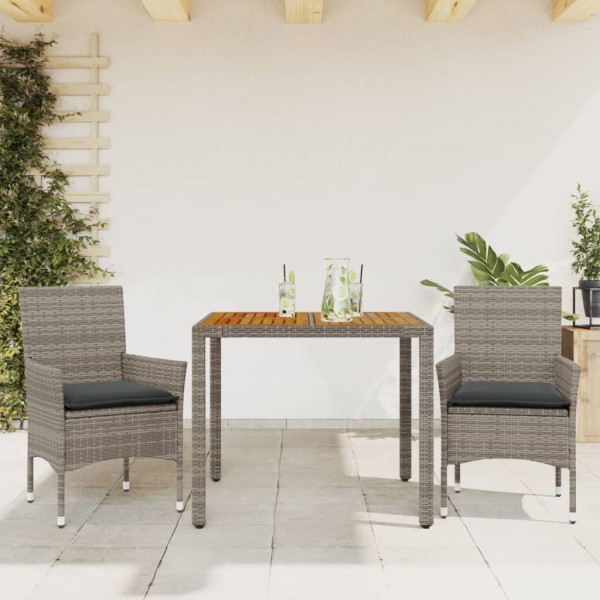 Set de comedor jardín 3 pzas con cojines ratán PE acacia gris D