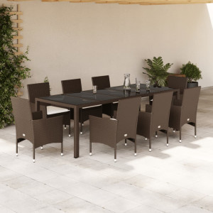 Set comedor jardín 9 pzas cojines ratán sintético vidrio marrón D