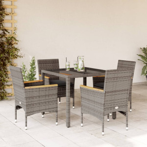 Set comedor jardín 5 pzas y cojines ratán sintético vidrio gris D