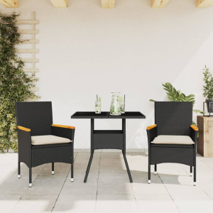 Set comedor jardín 3 pzas cojines ratán sintético vidrio negro D