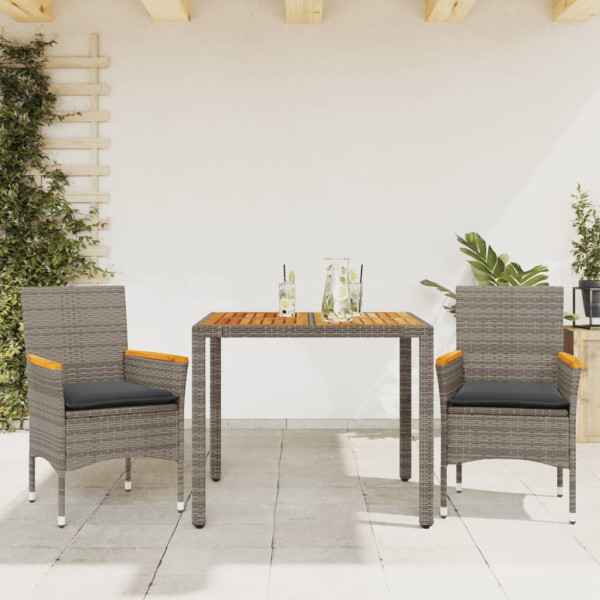 Set de comedor jardín 3 pzas con cojines ratán PE acacia gris D