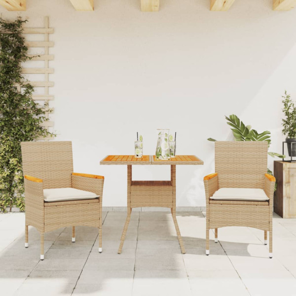 Set de jantar jardim 3 pcs com almofadas ratão PE acacia beige D