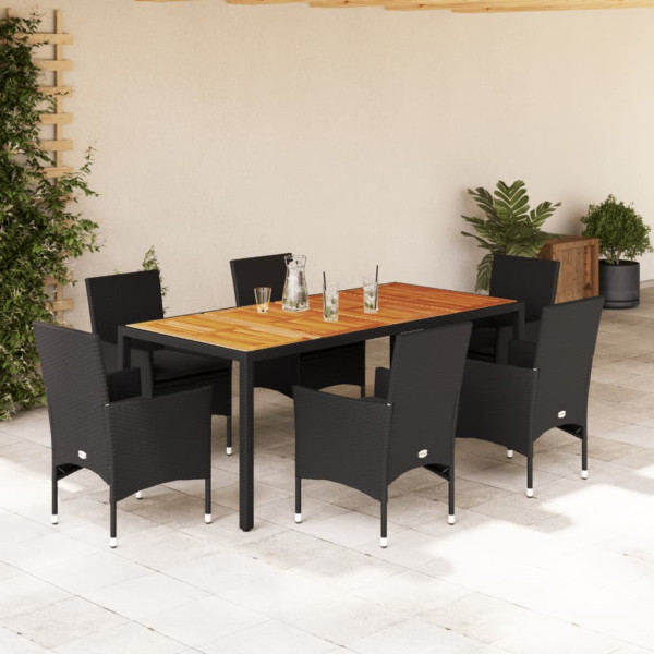 Set de comedor jardín 7 pzas con cojines ratán PE acacia negro D