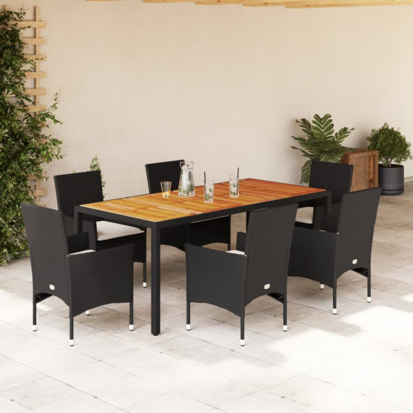 Set de comedor jardín 7 pzas con cojines ratán PE acacia negro D