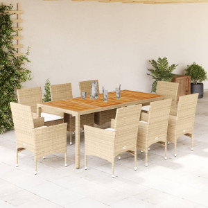 Set de comedor jardín 9 pzas con cojines ratán PE acacia beige D