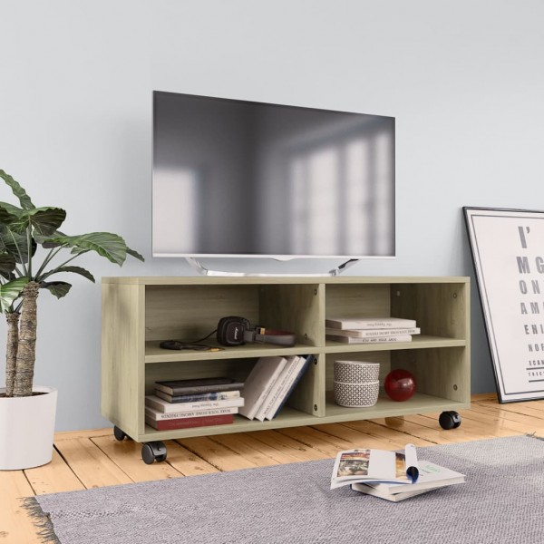 Mueble de TV ruedas madera contrachapada color roble 90x35x35cm D