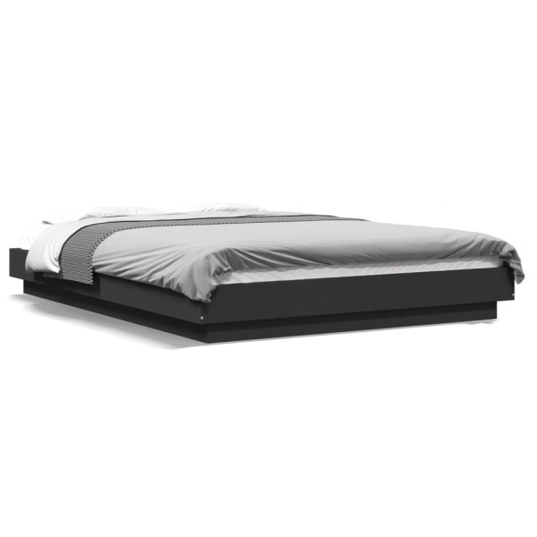 Estrutura de cama com luzes LED madeira trabalhada preta 140x190cm D