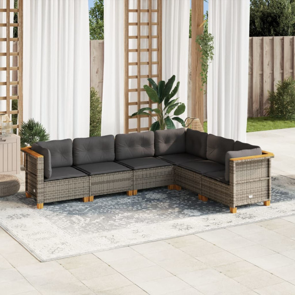 Set de muebles de jardín 6 pzas y cojines ratán sintético gris D